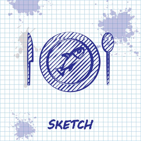 Skizze Linie Serviert Fisch auf einem Teller Symbol isoliert auf weißem Hintergrund. Vektor. — Stockvektor