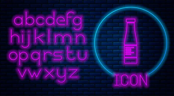 Leuchtende Neon Sauce Flasche Symbol isoliert auf Backsteinwand Hintergrund. Ketchup-, Senf- und Mayonnaise-Flaschen mit Soße für Fast Food. Neonlicht-Alphabet. Vektor. — Stockvektor