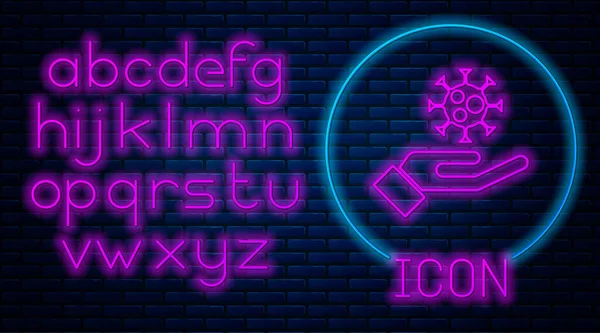 Gloeiende neon Hand met virus icoon geïsoleerd op bakstenen muur achtergrond. Corona virus 2019-nCoV. Bacteriën en ziektekiemen, celkanker, microben, schimmels. Neon licht alfabet. Vector. — Stockvector