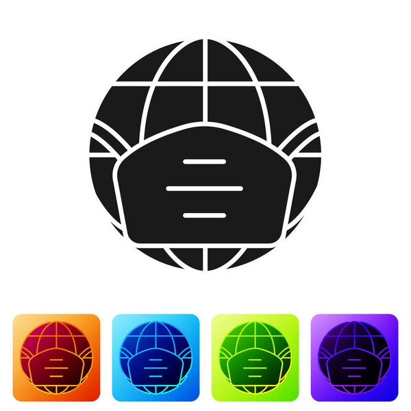 Black Earth globe with medical mask icon isolated on white background. Set icons in color square buttons. Vector.