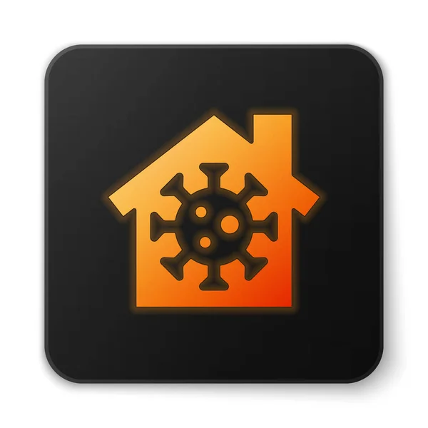 Fluo lumineux orange Rester icône de la maison isolé sur fond blanc. Virus Corona 2019-nCoV. Bouton carré noir. Vecteur. — Image vectorielle
