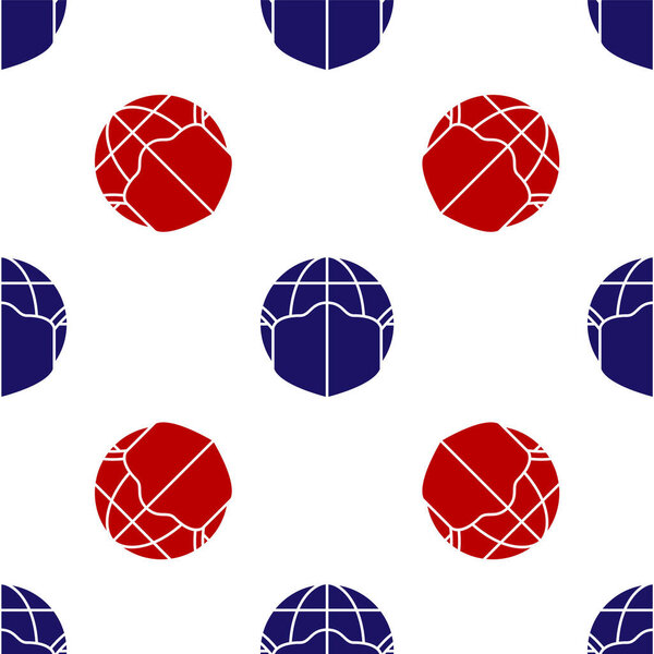 Blue and red Earth globe with medical mask icon isolated seamless pattern on white background. Vector.