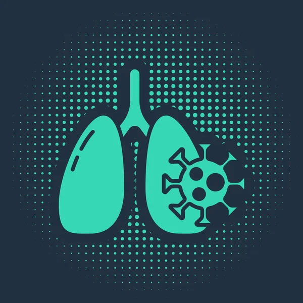 Células de vírus verde no ícone do pulmão isolado em fundo azul. Pulmões infectados. Coronavírus, COVID-19. 2019-nCoV. Pontos aleatórios de círculo abstrato. Vetor . — Vetor de Stock