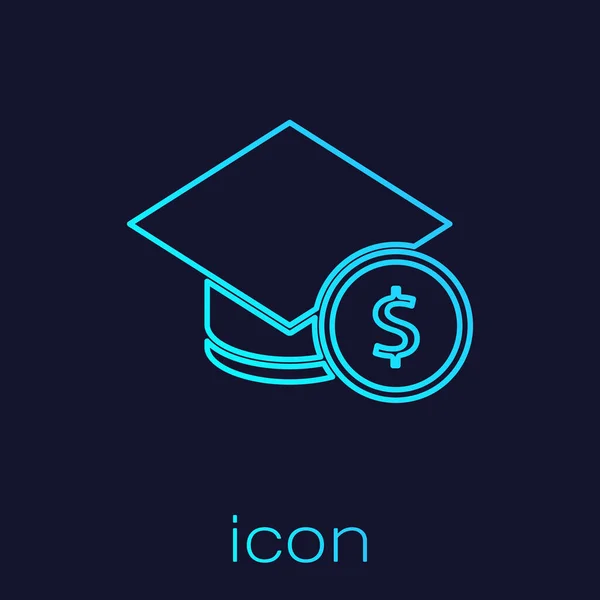 Turkoois lijn Graduation cap en munt pictogram geïsoleerd op blauwe achtergrond. Onderwijs en geld. Begrip studiebeurs kosten of lening, collegegeld of studiekosten. Vector. — Stockvector