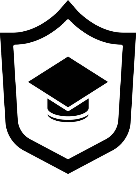 Gorra de graduación negra con icono de escudo aislado sobre fondo blanco. Concepto de seguro. Seguridad, seguridad, protección, concepto de protección. Vector. — Archivo Imágenes Vectoriales