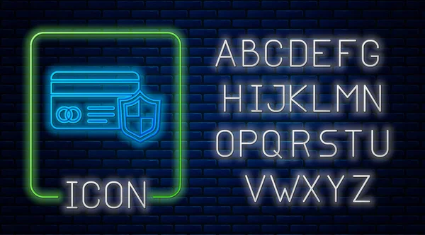 Néon brilhante Cartão de crédito com ícone de escudo isolado no fundo da parede de tijolo. Pagamento online. Retirada de dinheiro. Operações financeiras. Sinal de compras. Alfabeto claro de néon. Vetor . — Vetor de Stock