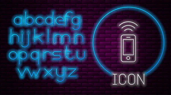 Glödande neon line Trådlös smartphone ikon isolerad på tegel vägg bakgrund. Neonljus alfabet. Vektor — Stock vektor