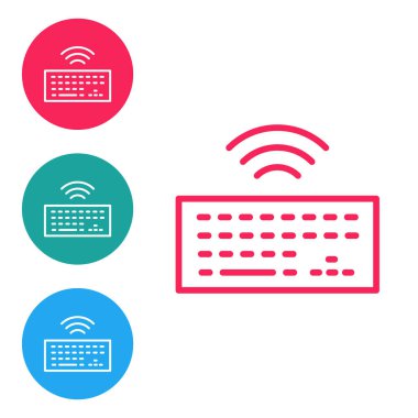 Kırmızı çizgi kablosuz bilgisayar klavye simgesi beyaz arkaplanda izole edildi. Bilgisayar bileşeni işareti. İnternet kavramının kablosuz bağlantısı. Simgeleri daire düğmelerine ayır. Vektör