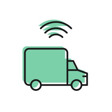 Beyaz arka planda kablosuz bağlantı ikonu olan akıllı kargo kamyonu aracı. Vektör