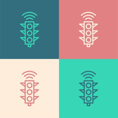 Pop Art Line Akıllı trafik lambası ikonu renk arkaplanında izole edildi. İnternet kavramının kablosuz bağlantısı. Vektör