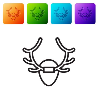 Beyaz arka planda siyah geyik boynuzları var. Duvarda av kupası. Renkli kare düğmelerle simgeleri ayarla. Vektör