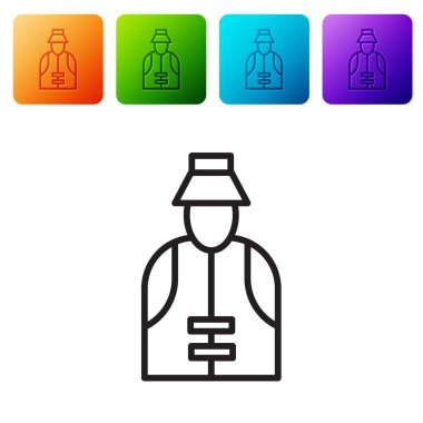 Siyah çizgi Balıkçı simgesi beyaz arkaplanda izole edildi. Renkli kare düğmelerle simgeleri ayarla. Vektör