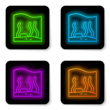 Parlayan neon çizgisi akvaryum simgesi beyaz arkaplanda izole edildi. Ev ve evcil hayvanlar için akvaryum. Siyah kare düğme. Vektör