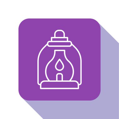 Beyaz çizgi kamp feneri ikonu beyaz arkaplanda izole edildi. Mor kare düğme. Vektör