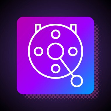 Siyah zemin üzerinde izole edilmiş balık ikonu için beyaz halat makarası. Balık bobini. Balık oltası. Kare renk düğmesi. Vektör