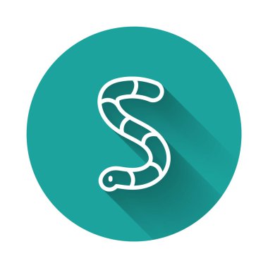 Beyaz çizgi solucan ikonu uzun gölgeli izole edilmiş. Balık oltası. Yeşil daire düğmesi. Vektör