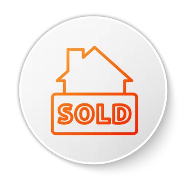 Beyaz arkaplanda izole edilmiş metin satışı simgesi olan turuncu satır asma işareti. Çıkartma satıldı. Tabela satıldı. Beyaz daire düğmesi. Vektör