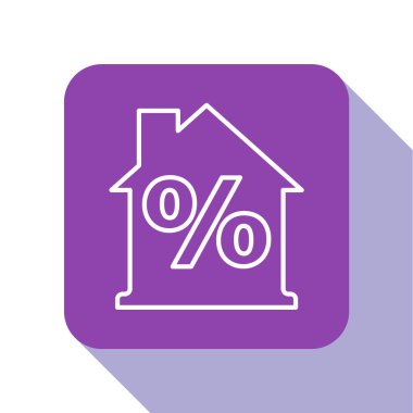 Beyaz arka planda izole edilmiş indirimli etiket simgesine sahip Beyaz Hat Evi. Emlak evi. Kredi yüzdesi sembolü. Mor kare düğme. Vektör