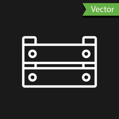 Beyaz çizgi tahta kutu simgesi siyah arkaplanda izole edildi. Market sepeti, depo sandığı. Sebzeler ve ürünler için boş ahşap kap. Vektör