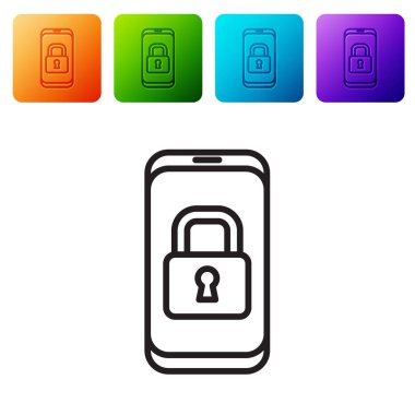 Beyaz arkaplanda izole edilmiş asma kilit simgesine sahip siyah çizgi akıllı telefon. Kilitli telefon. Gezici güvenlik, güvenlik, koruma konsepti. Renkli kare düğmelerle simgeleri ayarla. Vektör