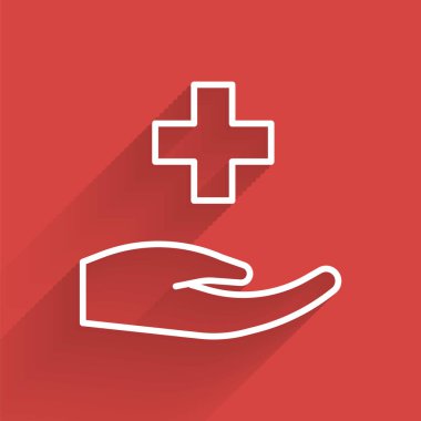 White Line Cross Hastanesi tıbbi ikonu uzun gölgeli izole edilmiş. İlk yardım. Teşhis sembolü. İlaç ve eczane işareti. Vektör