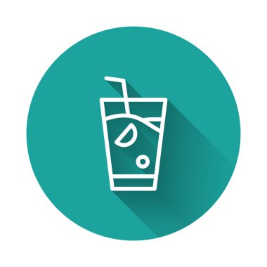 Beyaz çizgi Taze smoothie ikonu uzun gölgeli izole edilmiş. Yeşil daire düğmesi. Vektör