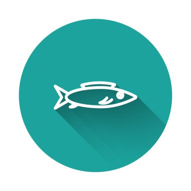 Beyaz çizgi Balık simgesi uzun gölgeli izole edilmiş. Yeşil daire düğmesi. Vektör.
