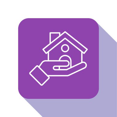 Beyaz çizgi, Beyaz Saray sigorta ikonu beyaz arka planda izole edildi. Güvenlik, güvenlik, koruma, konsept koruma. Mor kare düğme. Vektör.