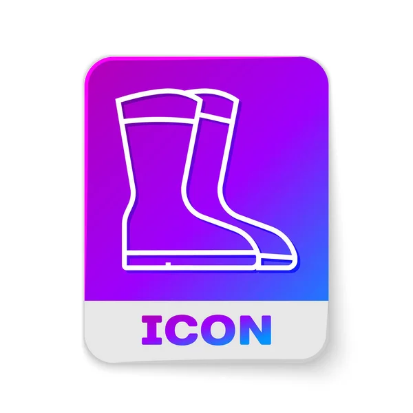 White line Fishing boots icon isolated on white background. Waterproof rubber boot. Gumboots for rainy weather, fishing, hunter, gardening. Rectangle color button. Vector — Stock Vector