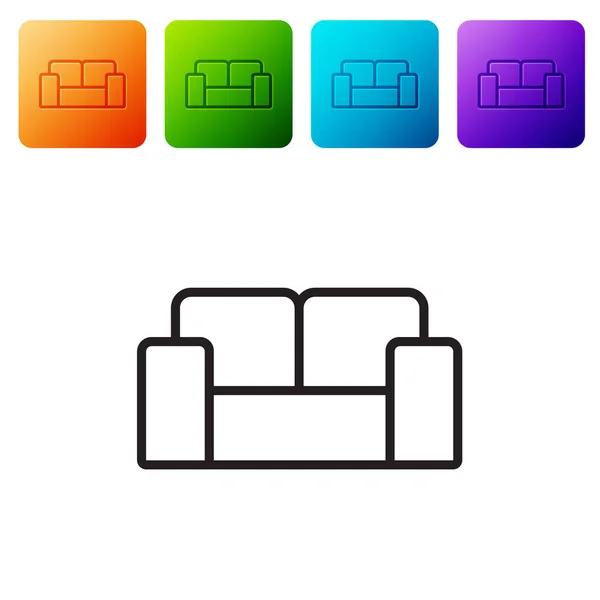 Linha preta ícone do sofá isolado no fundo branco. Definir ícones em botões quadrados de cor. Vetor — Vetor de Stock