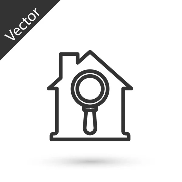 Línea gris Icono de la casa de búsqueda aislado sobre fondo blanco. Símbolo inmobiliario de una casa bajo lupa. Vector — Vector de stock