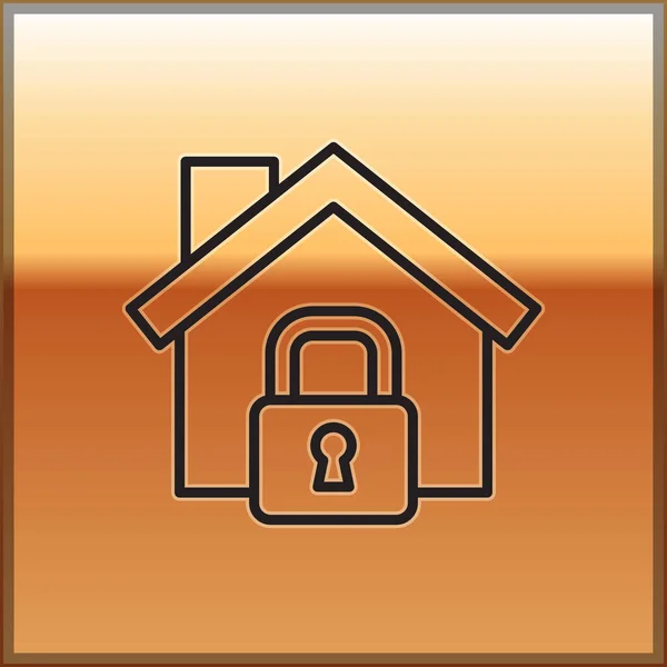 보호 아이콘으로 지정 된 검은 선 하우스는 금 배경에서 분리되었습니다. 집에 가서 잠가. 보호, 안전, 보안, 보호, 방어 개념. Vector — 스톡 벡터