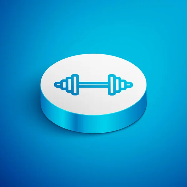 Icono de Dumbbell de línea isométrica aislado sobre fondo azul. Icono de levantamiento muscular, barra de fitness, gimnasio, equipo deportivo, bumbbell ejercicio. Botón círculo blanco. Vector — Vector de stock