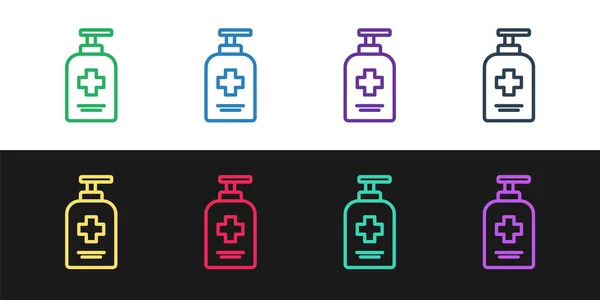 Set line Bottle of liquid antibacterial soap with dispenser icon isolated on black and white background. Antiseptic. Disinfection, hygiene, skin care. Vector. — Stock Vector