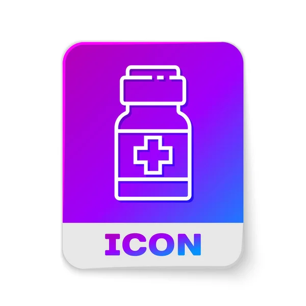 Línea blanca botella de medicina y pastillas icono aislado sobre fondo blanco. Paquete médico para tabletas, vitaminas, antibióticos, aspirina. Botón de color rectángulo. Vector. — Vector de stock