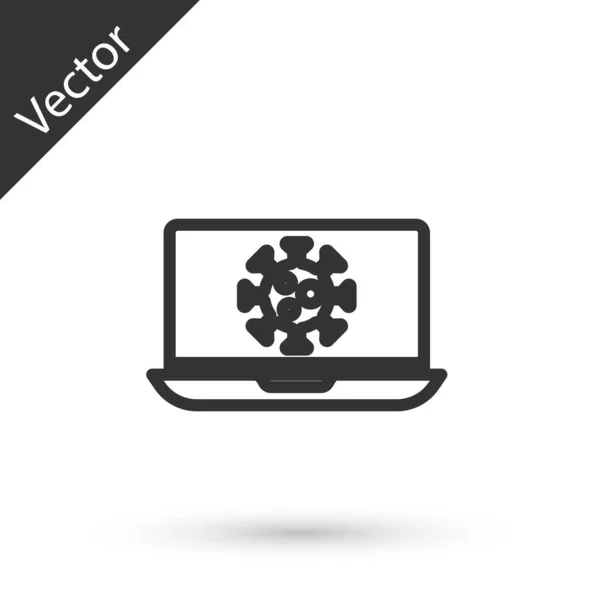 Linea grigia Statistiche di virus sull'icona del computer portatile isolato su sfondo bianco. Virus Corona 2019-nCoV. Batteri e germi, cancro alle cellule, microbi, funghi. Vettore. — Vettoriale Stock