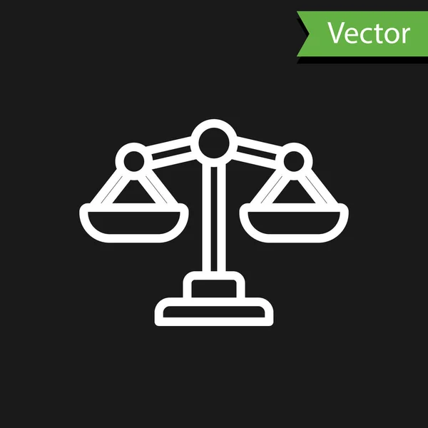 Línea blanca Icono de escalas de justicia aislado sobre fondo negro. Símbolo del tribunal. Signo de balanza. Vector. — Vector de stock