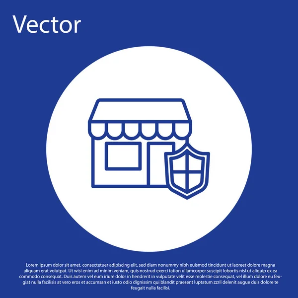 Blaue Linie Einkaufsgebäude mit Schildsymbol isoliert auf blauem Hintergrund. Versicherungskonzept. Sicherheit, Sicherheit, Schutz, Schutzkonzept. Weißer Kreis-Knopf. Vektor. — Stockvektor