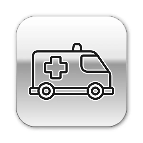 Línea negra Icono de ambulancia y coche de emergencia aislado sobre fondo blanco. Evacuación médica de vehículos de ambulancia. Botón cuadrado plateado. Vector. — Vector de stock