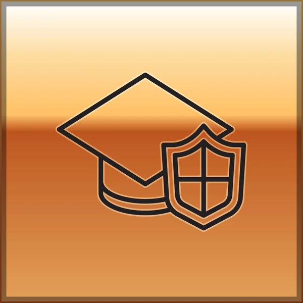Capa de graduação de linha preta com ícone de escudo isolado no fundo dourado. Conceito de seguro. Segurança, segurança, proteção, proteger o conceito. Vetor . — Vetor de Stock