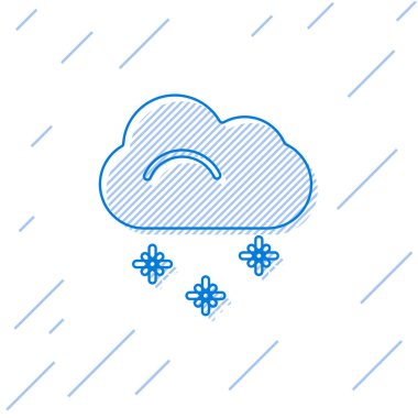 Beyaz zemin üzerinde kar ikonu olan mavi çizgi bulutu. Kar taneli bulut. Tek hava ikonu. Kar tabelası. Vektör İllüstrasyonu