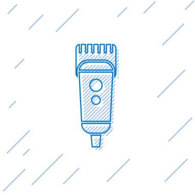 Beyaz arka planda mavi çizgi elektrikli saç kırpıcısı ya da traş ikonu var. Berber dükkanı sembolü. Vektör İllüstrasyonu