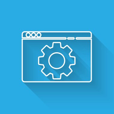 Beyaz çizgi Tarayıcı simgesini uzun gölgeyle izole ediyor. Ayarlama, servis, bakım, onarım, onarım. Vektör İllüstrasyonu