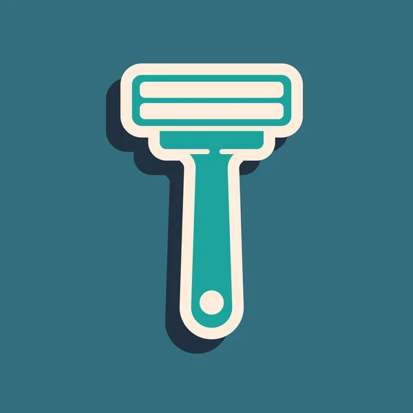 Green Shaving razor icon isolated on green background. Long shadow style. Vector Illustration — Stock Vector