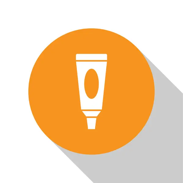 Icono de tubo cosmético de crema blanca o loción aislado sobre fondo blanco. Productos para el cuidado del cuerpo para hombres. Botón círculo naranja. Ilustración vectorial — Archivo Imágenes Vectoriales