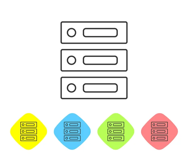 Servidor de linha cinza, Dados, Ícone de hospedagem web isolado em fundo branco. Definir ícones em botões de losango de cor. Ilustração vetorial — Vetor de Stock