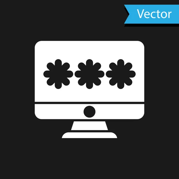 Witte Monitor met wachtwoord melding pictogram geïsoleerd op zwarte achtergrond. Beveiliging, persoonlijke toegang, gebruikersautorisatie, inlogformulier. Vector Illustratie — Stockvector