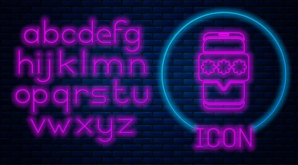 Gloeiende neon Mobile en wachtwoord bescherming pictogram geïsoleerd op baksteen muur achtergrond. Beveiliging, veiligheid, persoonlijke toegang, gebruikersautorisatie, privacy. Neon licht alfabet. Vector Illustratie — Stockvector