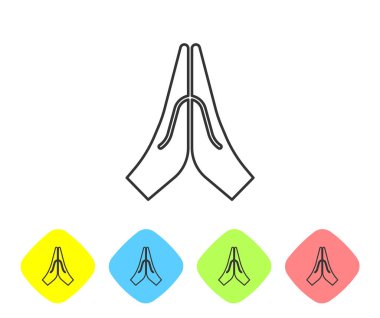 Gri çizgi Eller dua pozisyonunda beyaz arka planda izole edilmiş ikon. Tanrı 'ya inanç ve umutla dua edin. Renkli eşkenar dörtgen düğmelerine simgeleri yerleştir. Vektör İllüstrasyonu