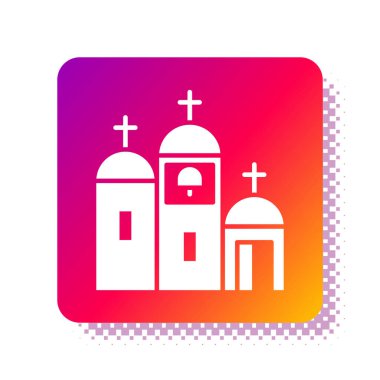 Beyaz Kilise binası ikonu beyaz arka planda izole edilmiş. Hıristiyan Kilisesi. Kilisenin dini. Kare renk düğmesi. Vektör İllüstrasyonu